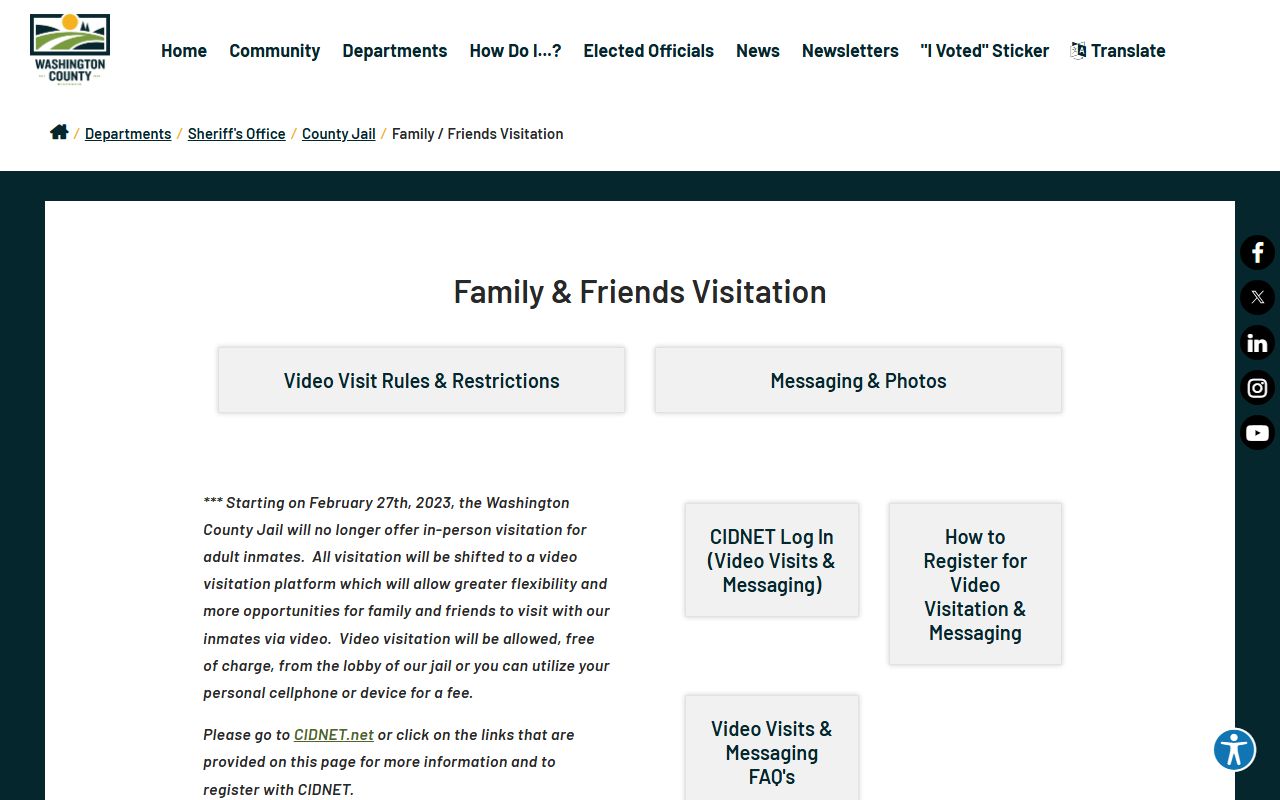 Washington County Jail visitation rules and CIDNET inmate video visit information