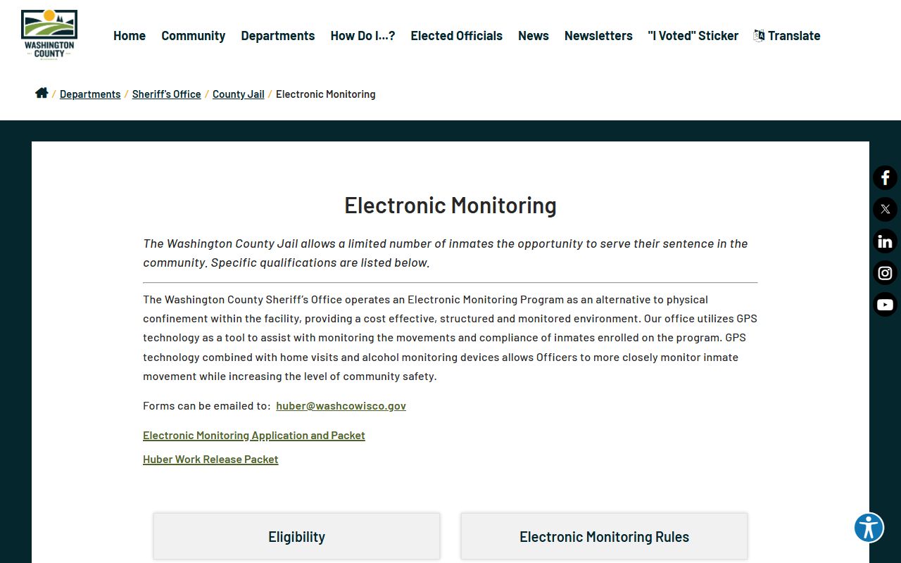 Washington County Jail electronic monitoring inmate custody program rules
