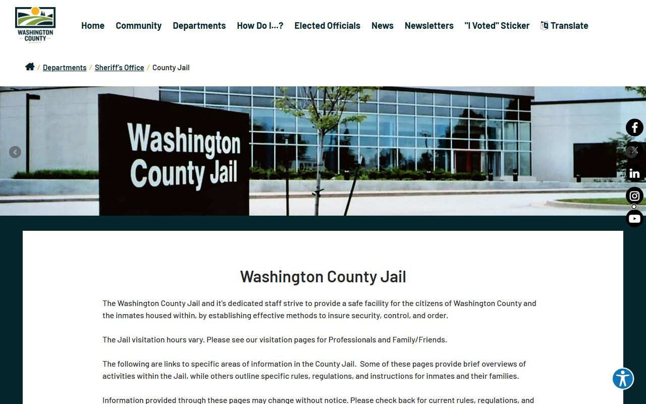 Washington County Jail inmate lookup and jail information page